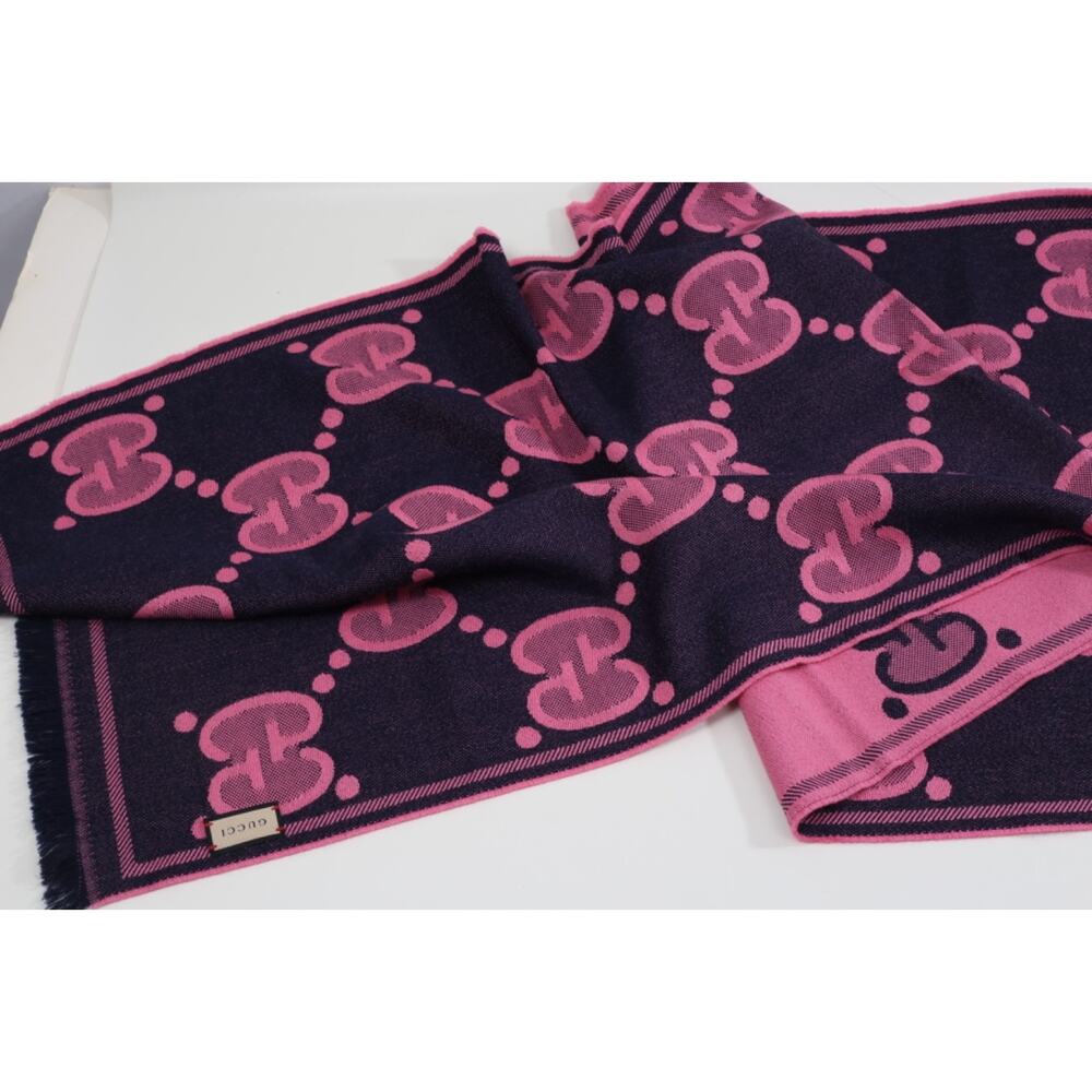 GUCCI Wool GG Monogram Scarf Salmon Pink Lady Nest Lux Designer Wrap Italy - Picture 13 of 16